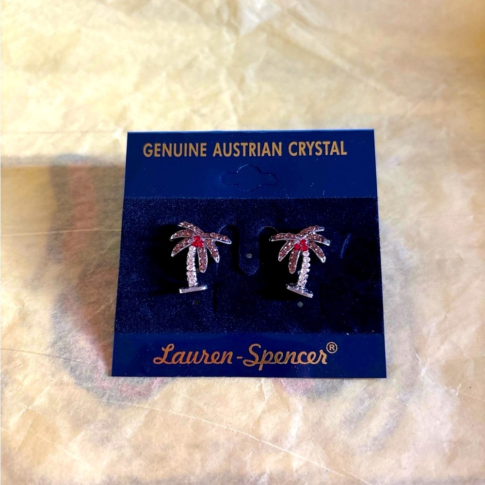 Palm Tree Earrings with Red and Silver Crystals